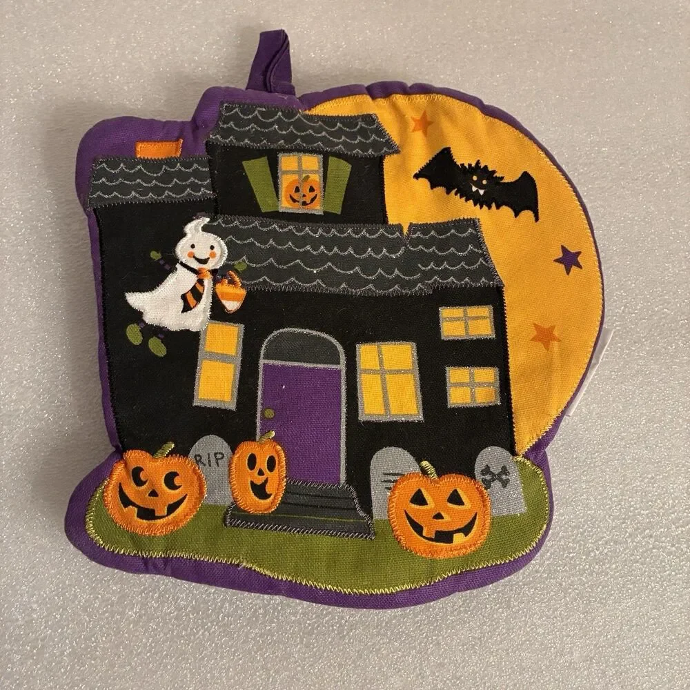 Halloween 3 Piece Kitchen Set. Dish Towel-Ghosts, 1 W/ Spiders, Web & Pot Holder
